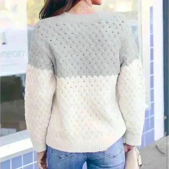 Crew Neck Colorblock Pullover Sweaters Oversized Crochet Knit Fall Jumper Top - Picture 2 of 2
